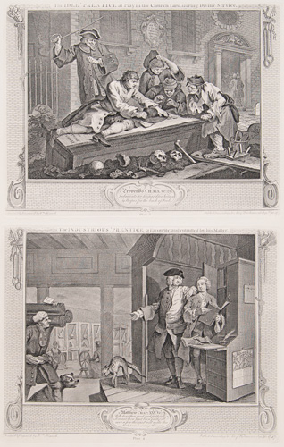 Industry and Idleness
(Plate 3)
The Idle 'Prentice at Play in the Church Yard during Divine Service

and

Industry and Idleness
(Plate 4)
The Industrious 'Prentice a Favourite and entrusted by his Master